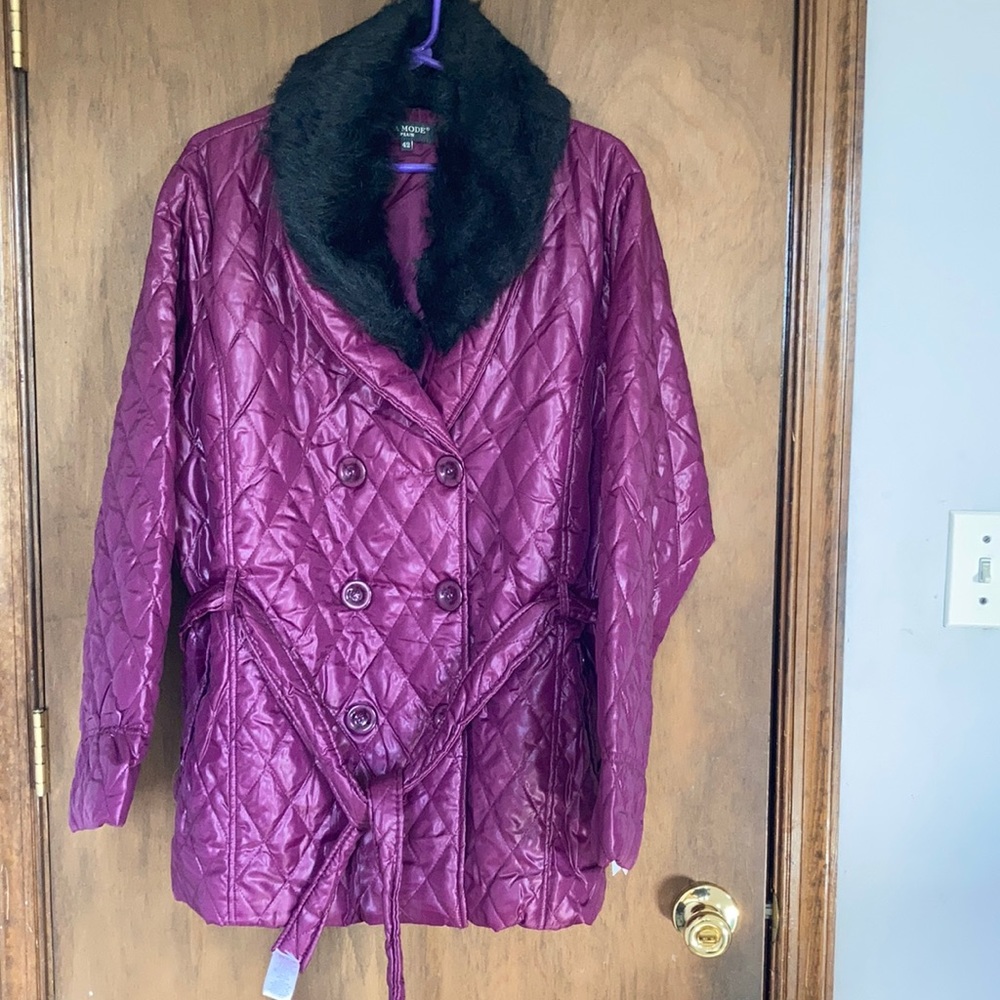 La mode plus size detachable faux fur collar quilted coat w belt 42 - Picture 1 of 17